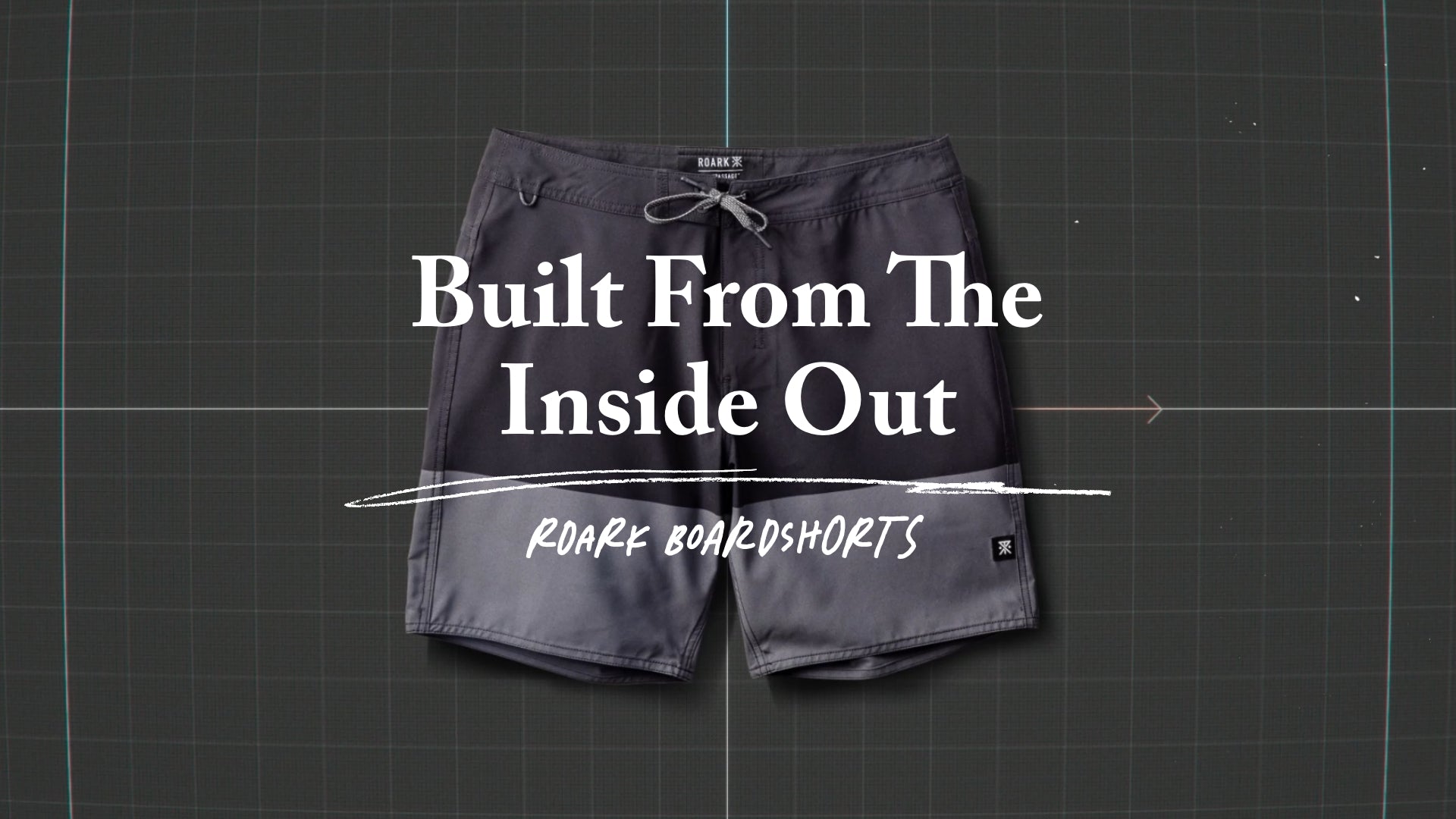 Dynamic display of various styles of Roark boardshorts perfect for adventure and travel, showcased on a video poster.
