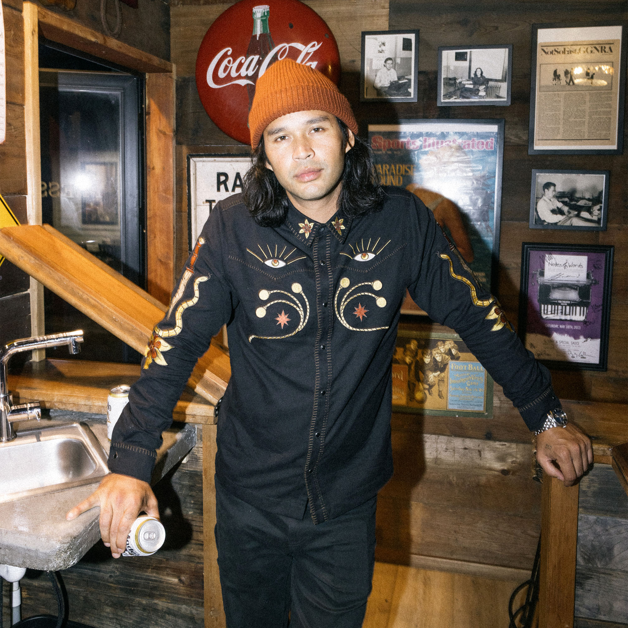 Roark Tierra del Sur Range long sleeve button-up shirt styled in denim material, suitable for adventure and travel.